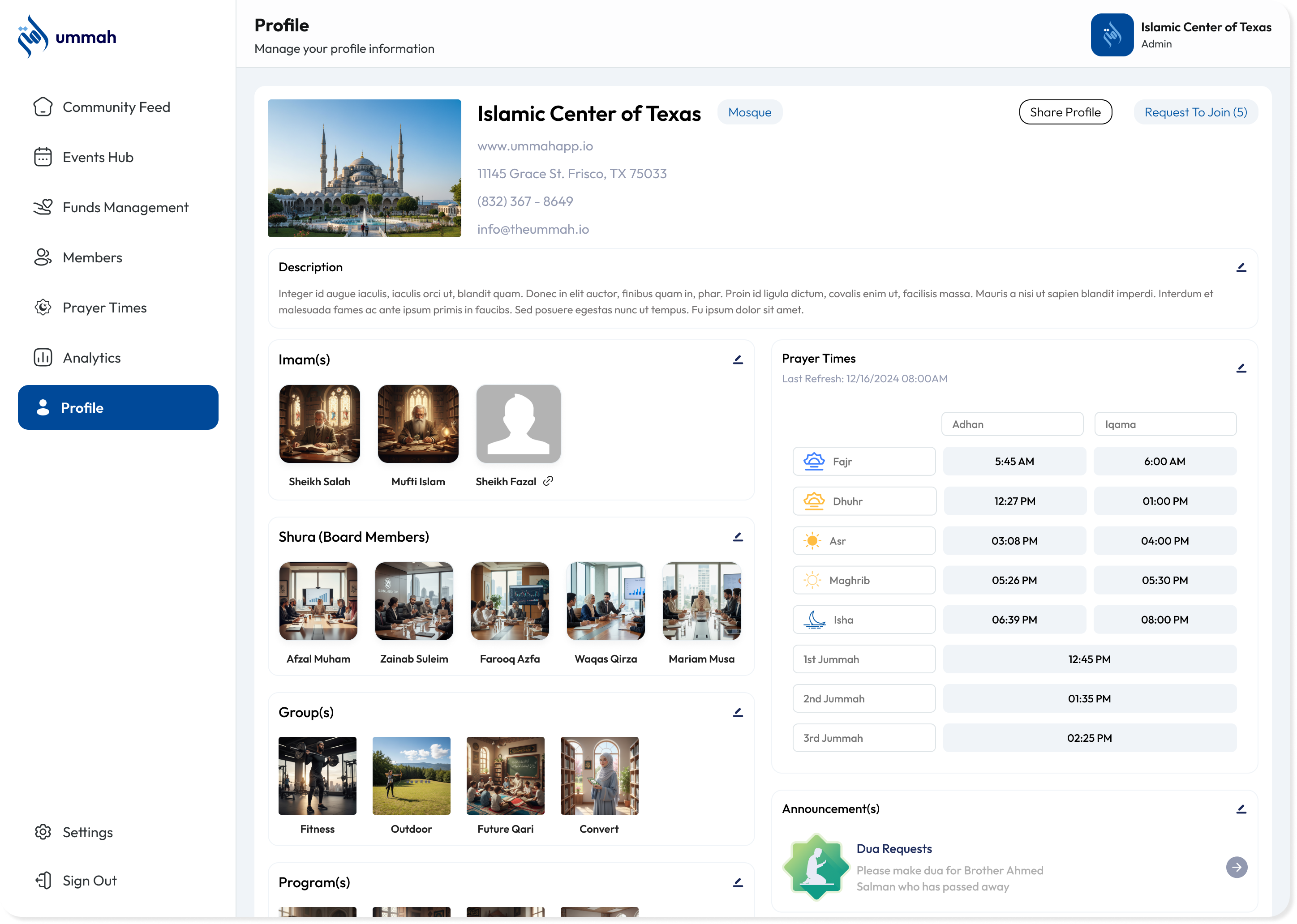 Public institute profile page