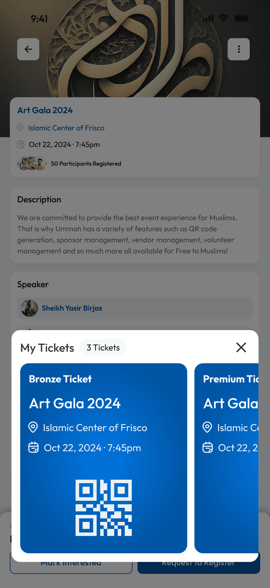 Event check-in with QR codes on the Ummah mobile app