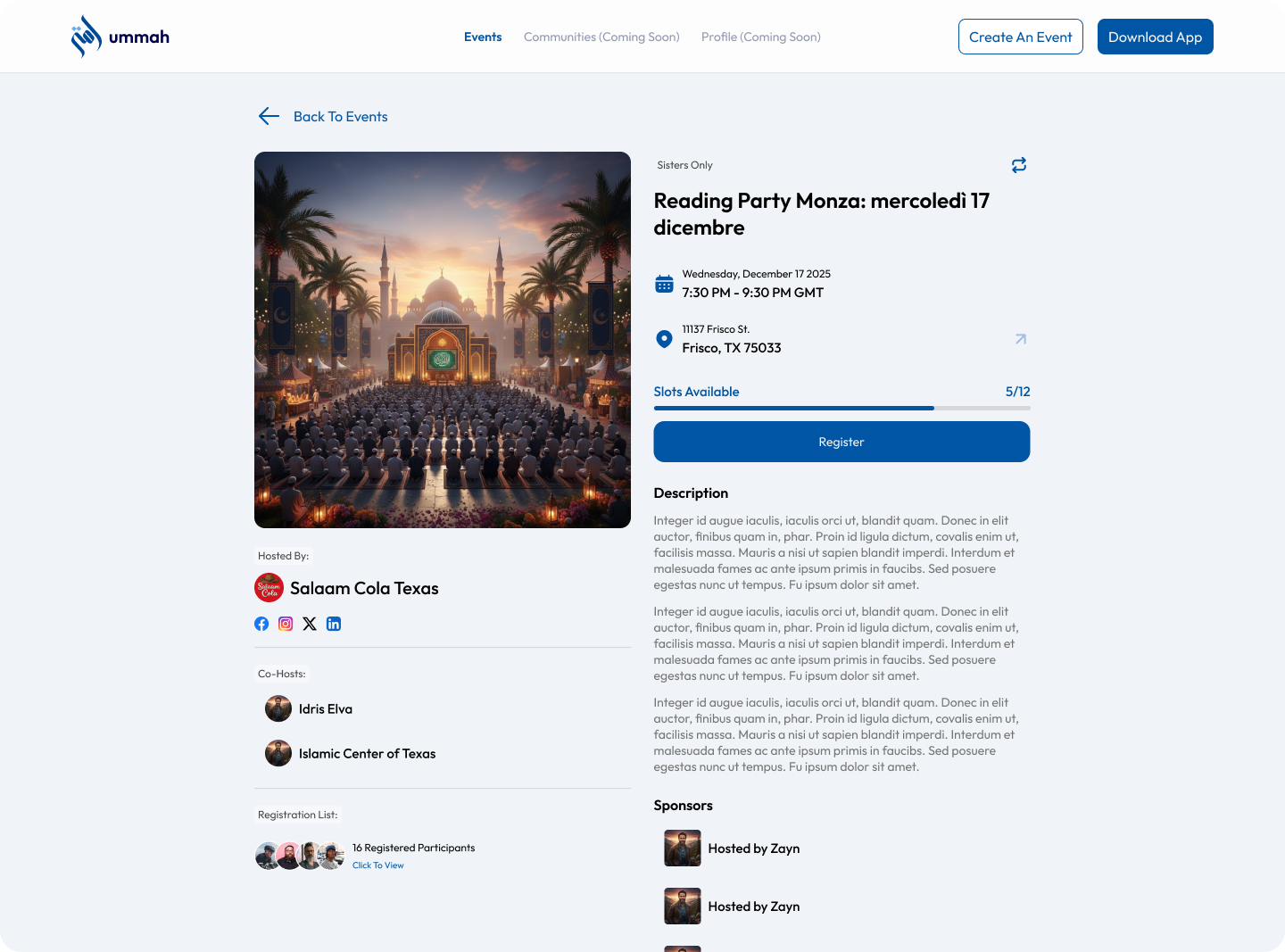 Event detail page with ticket tiers