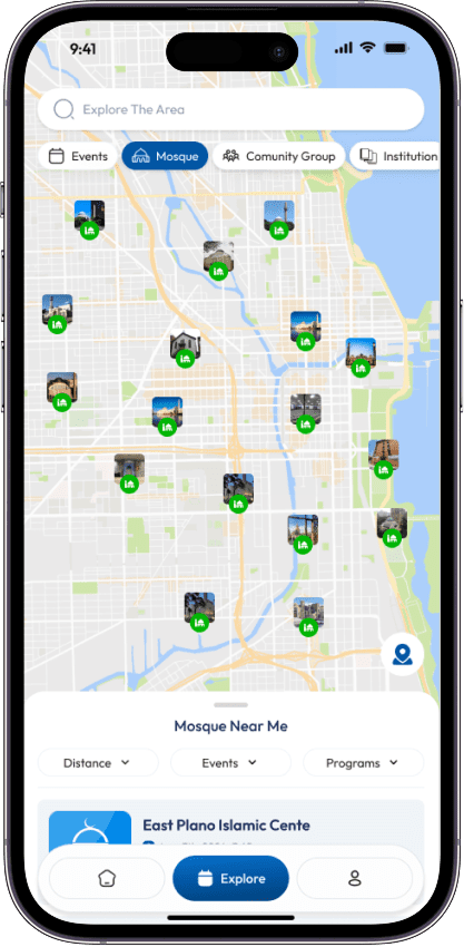 Discover Nearby map showing nearby Muslim businesses