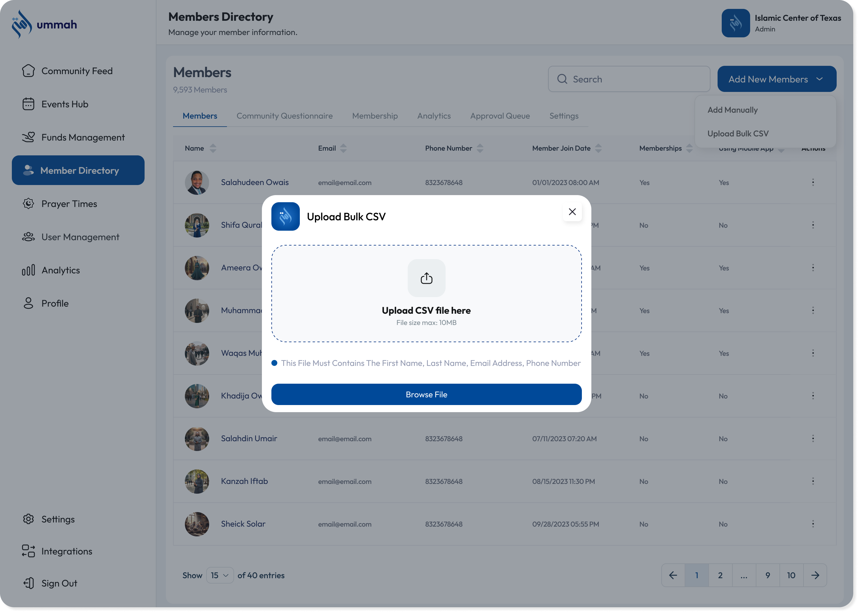 Bulk CSV upload screen for migrating an existing membership list