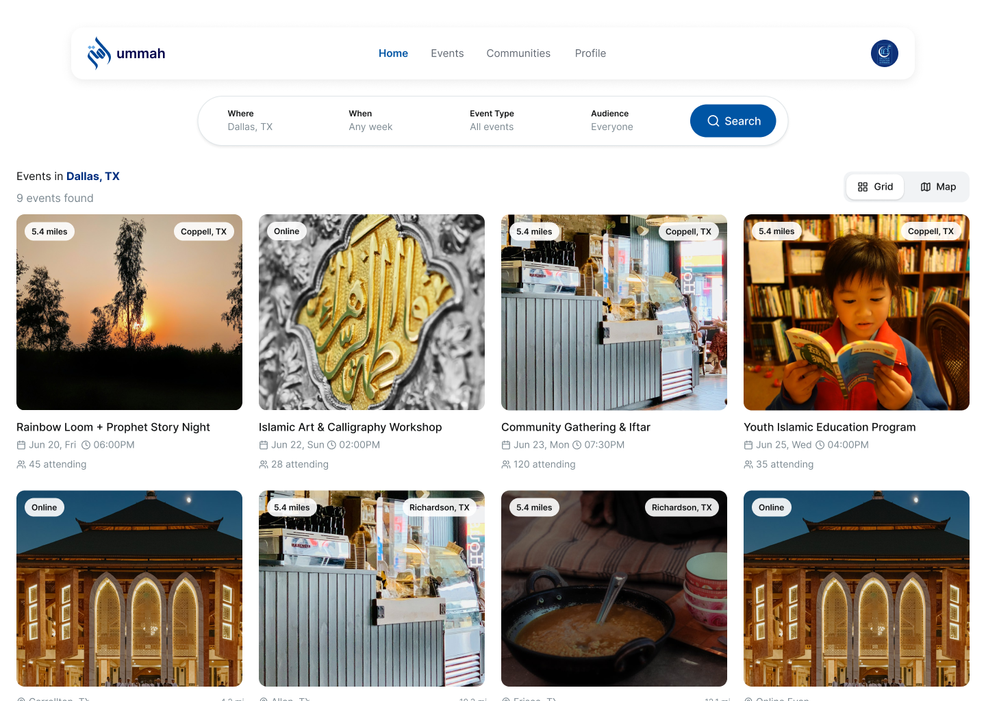 Ummah events discovery showing Muslim events near the user