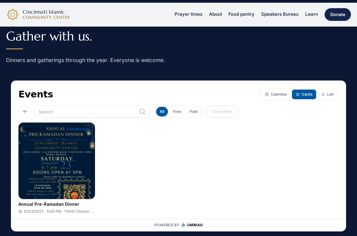 The events section of the Cincinnati Islamic Community Center's website, showing their Pre-Ramadan Dinner in the Ummah events widget
