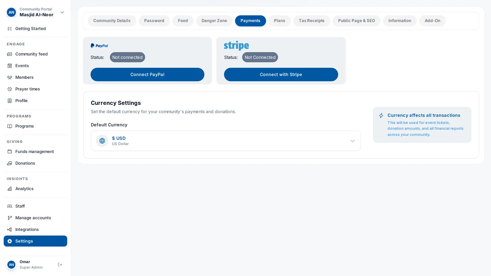 Payment settings in the Ummah Community Portal: connect Stripe or PayPal
