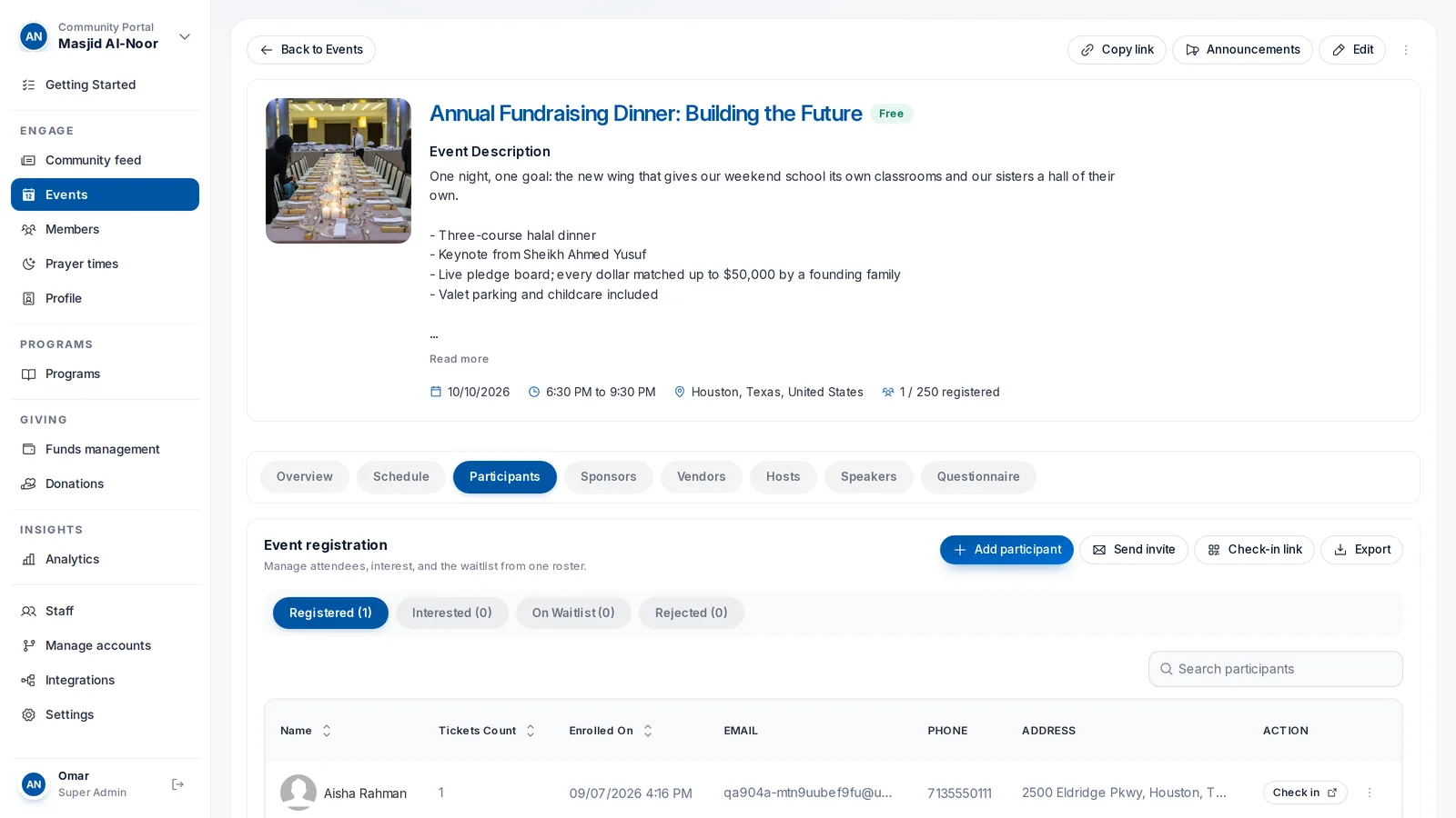 Registrations, waitlist and check-in from one tab.