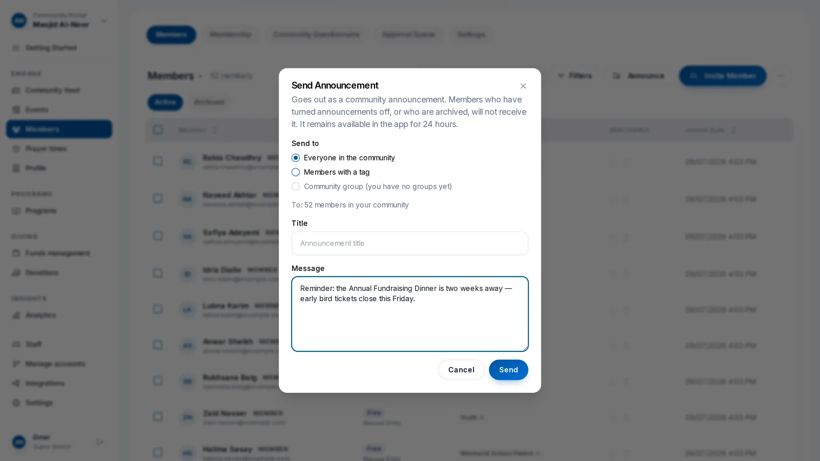 Announce to everyone or to a tag, not to a muted group chat.
