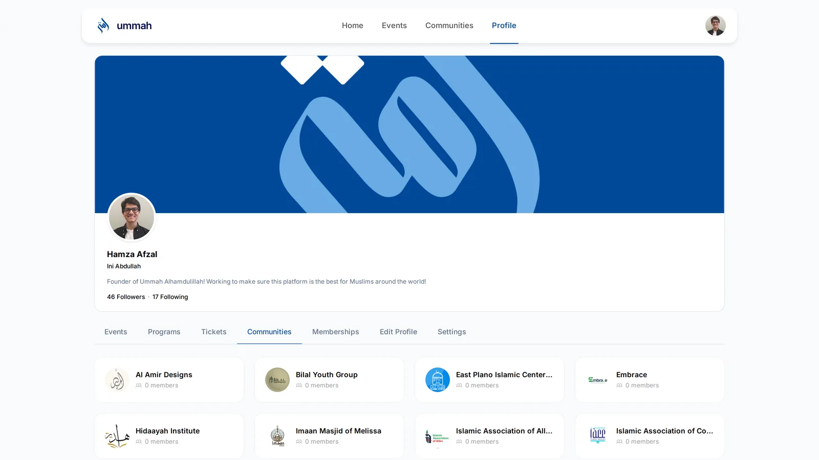 A member profile on ummahapp.io showing their communities