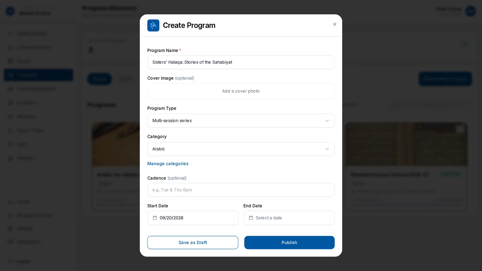 Set up a class with pricing and a refund policy in one form.