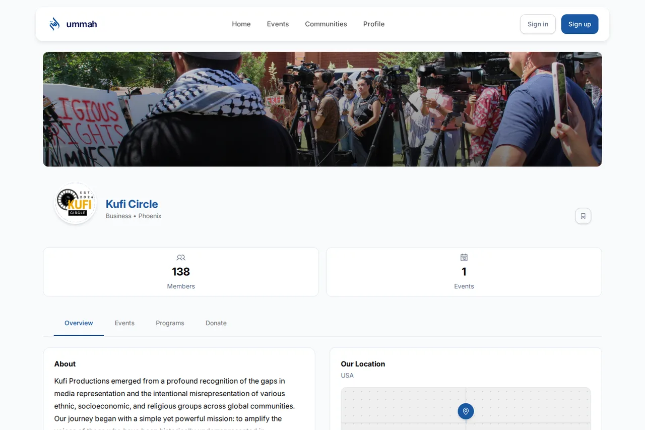 The Kufi Circle community page on Ummah, showing its cover photo, 138 members, one upcoming event and the About section