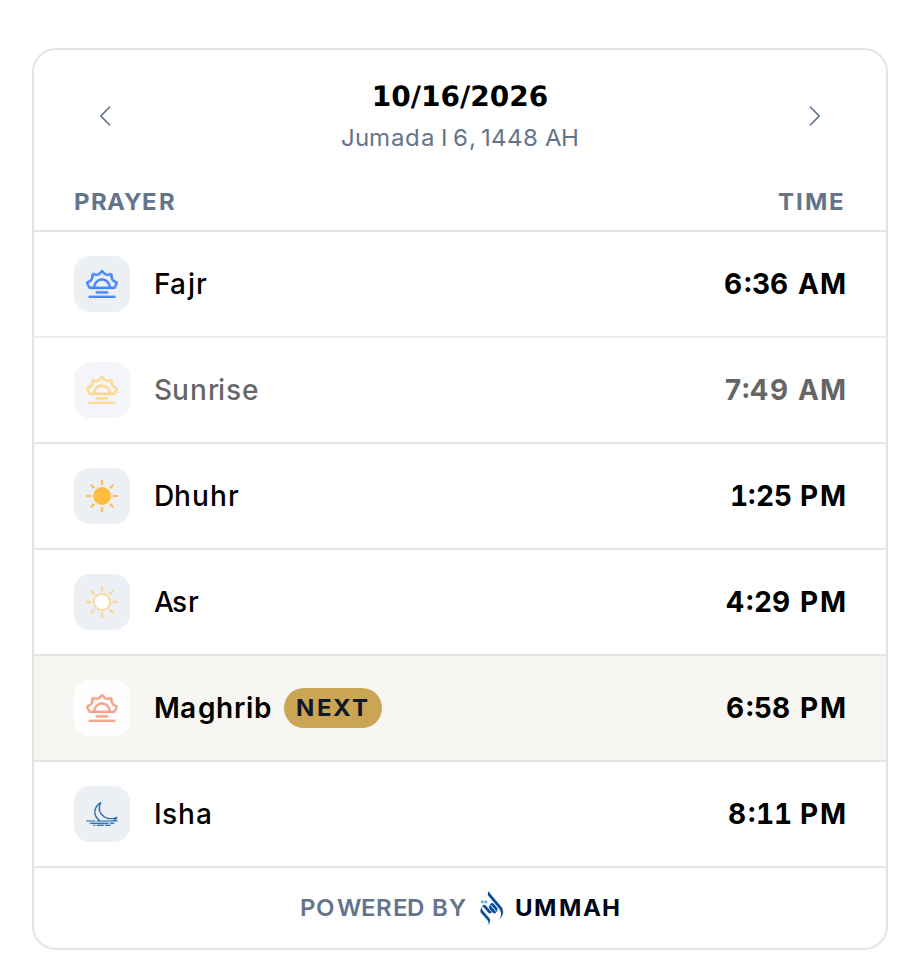 The Ummah prayer times widget as it runs on the Cincinnati Islamic Community Center's website, with the next prayer highlighted