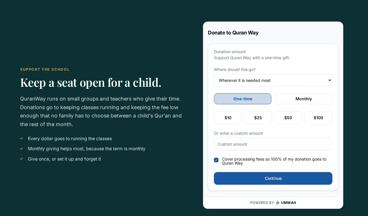 The donation section of QuranWay's website, with the Ummah donation widget