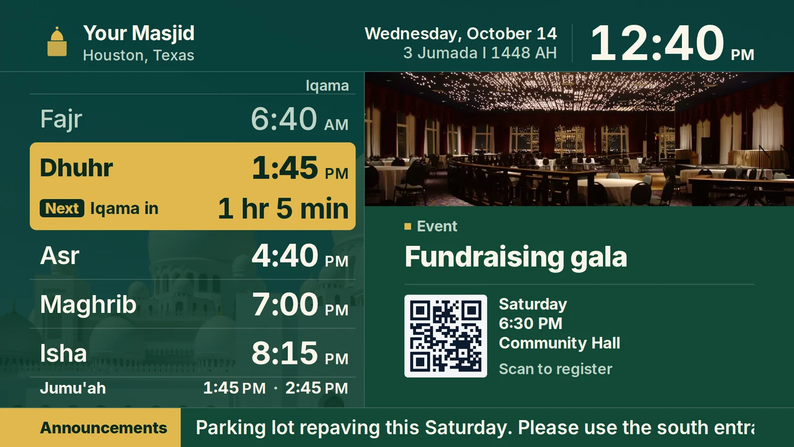 An Ummah TV display in a masjid lobby: prayer times with an iqama countdown beside an event slide with a QR code