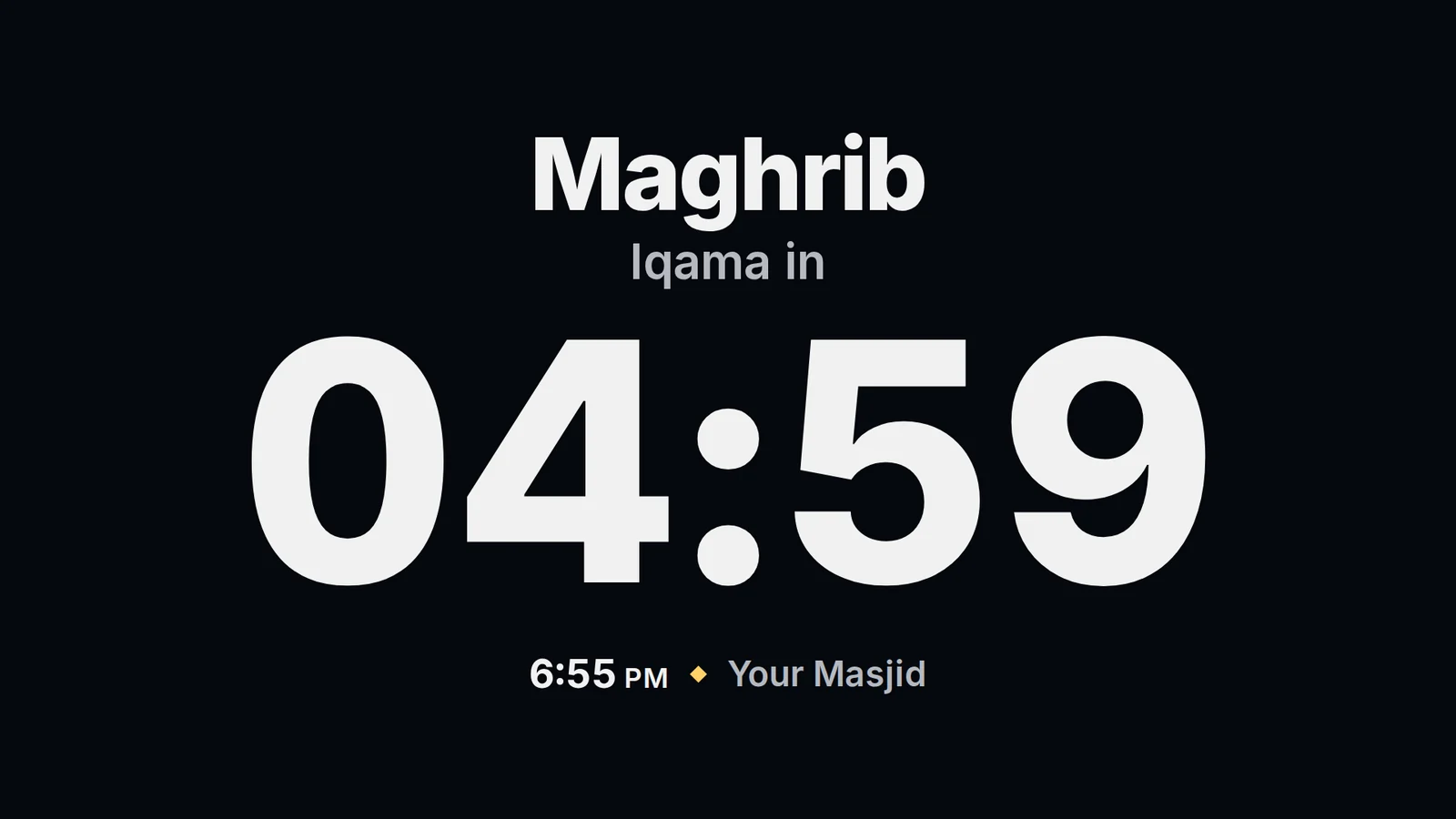 The iqama countdown moment on an Ummah TV display, a large timer to Maghrib iqama