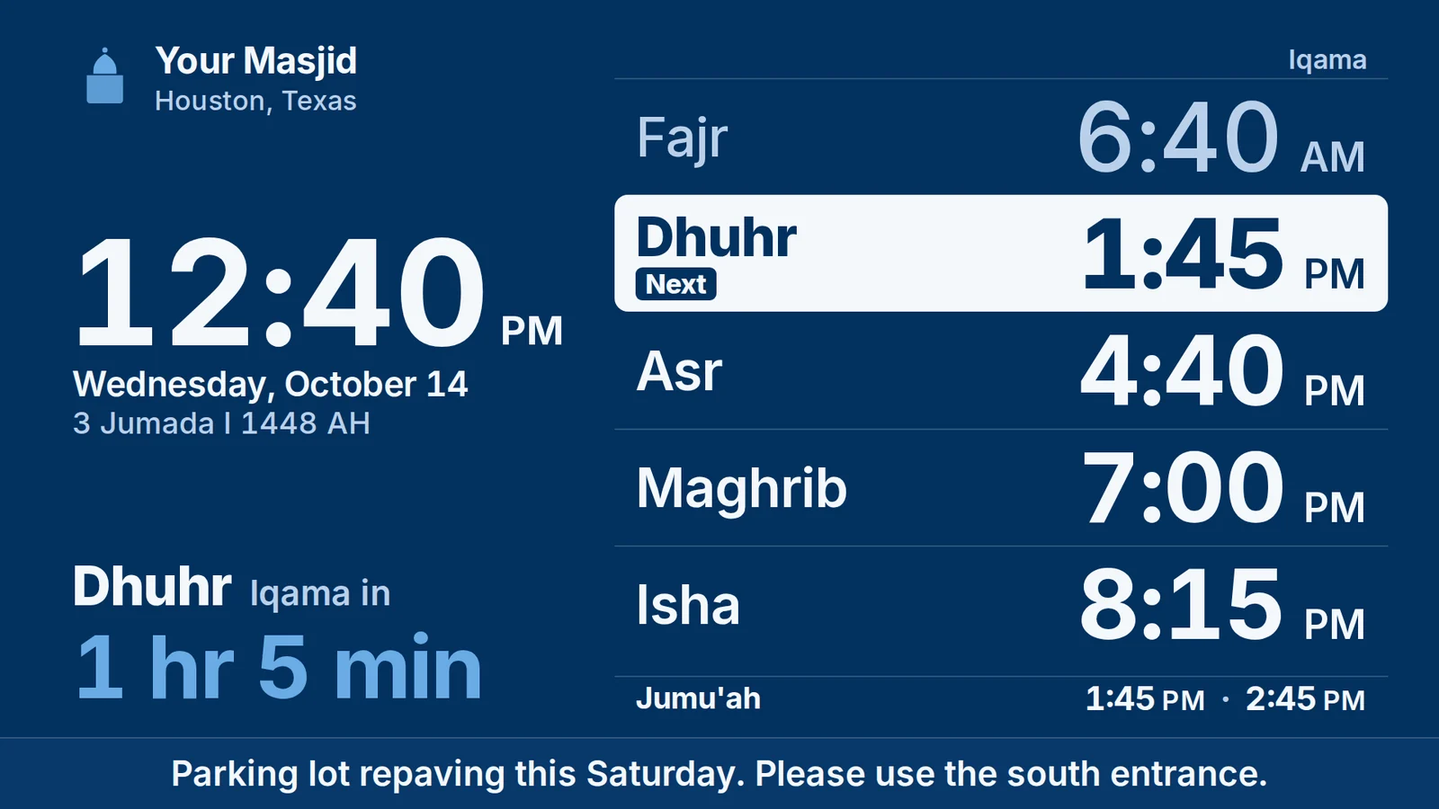 The Ummah prayer board on a TV: the next prayer with a countdown to iqama and all five prayers