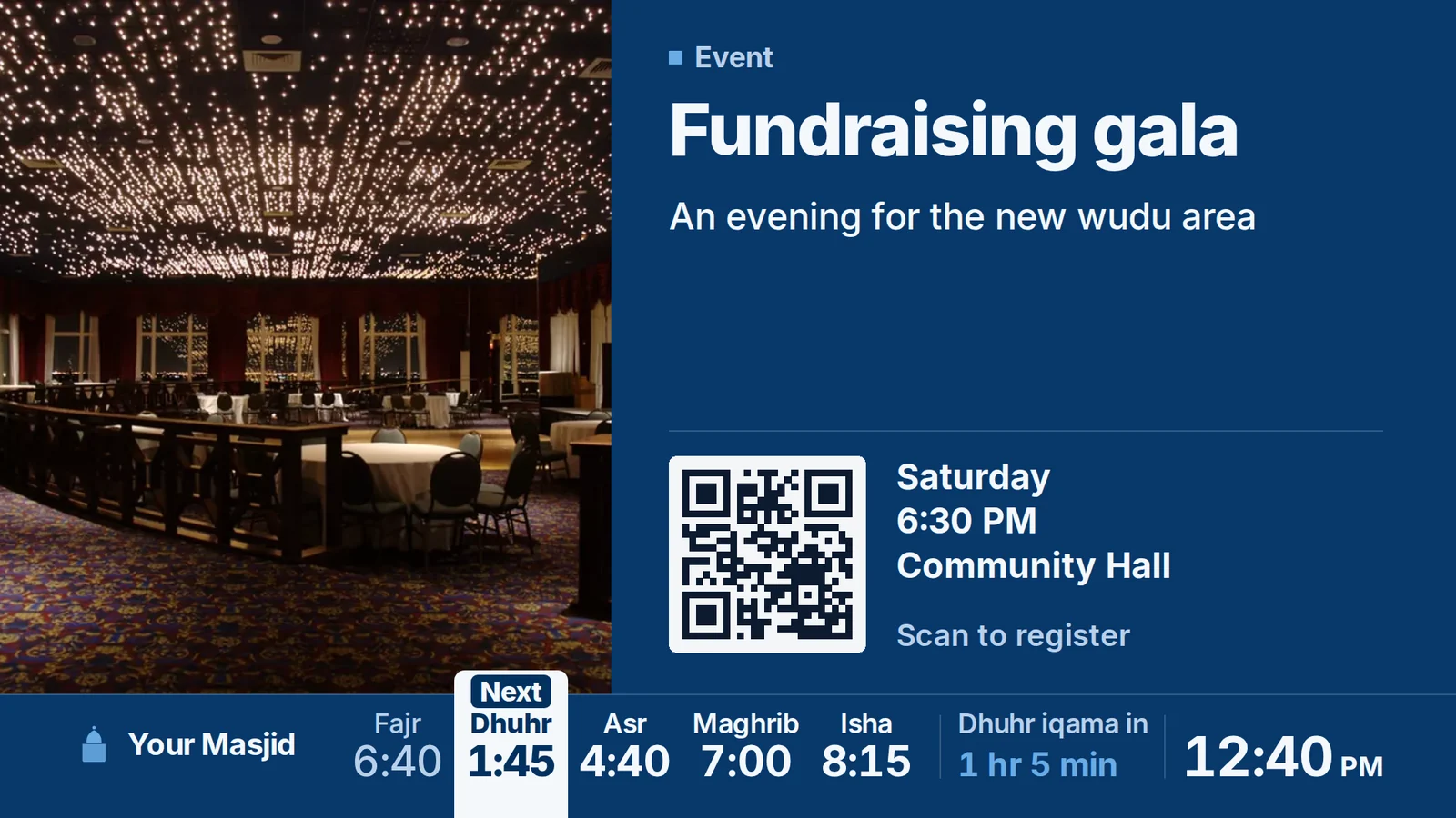 An Ummah TV slideshow showing a fundraising gala event with a photo, the date and a QR code, and a prayer-times strip along the bottom