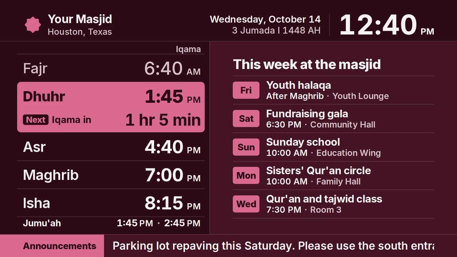 An Ummah TV display in a custom brand color with the masjid logo and a this-week events list