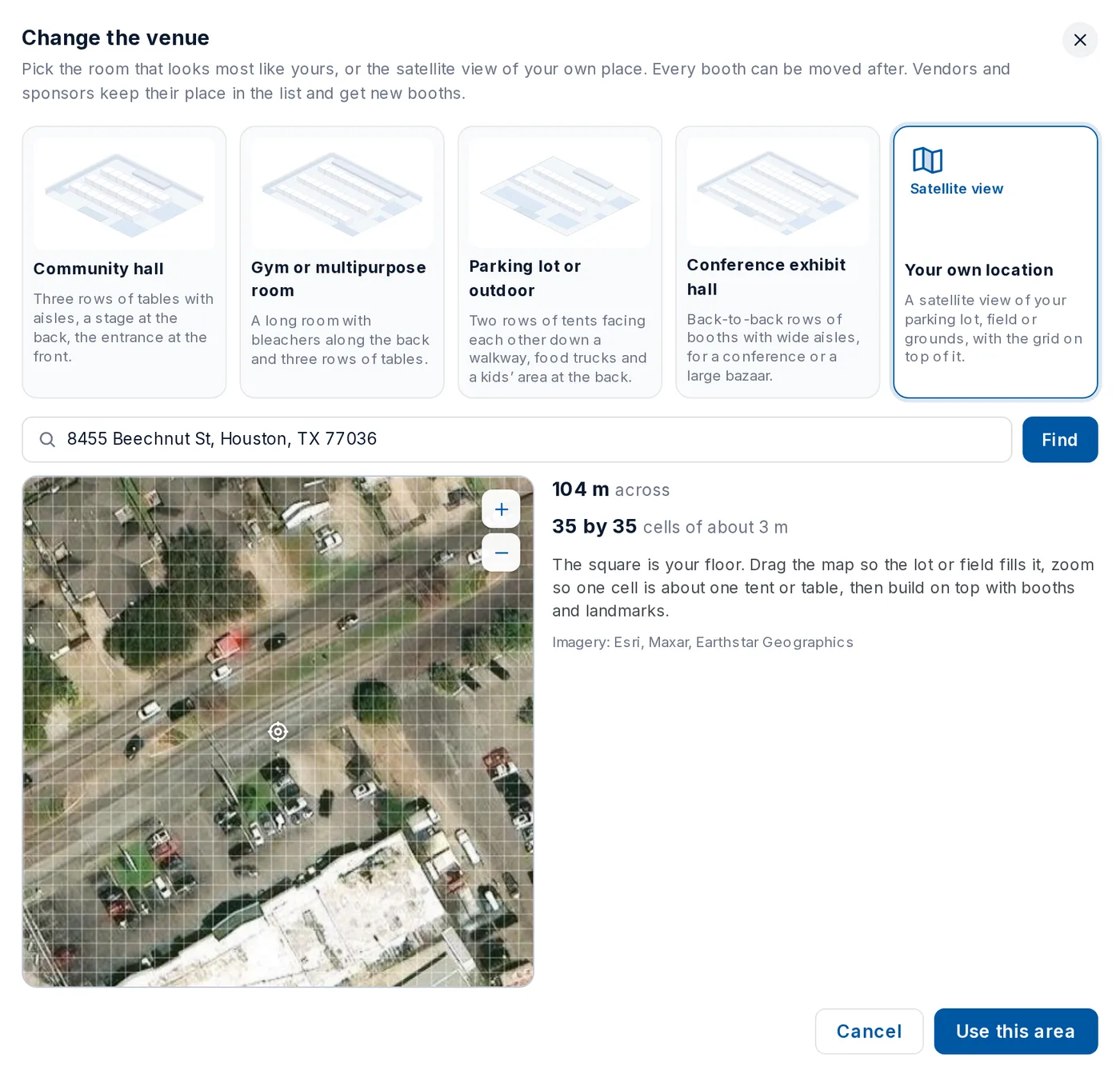 Choosing a venue in Ummah: the satellite view of a parking lot with the booth grid over it