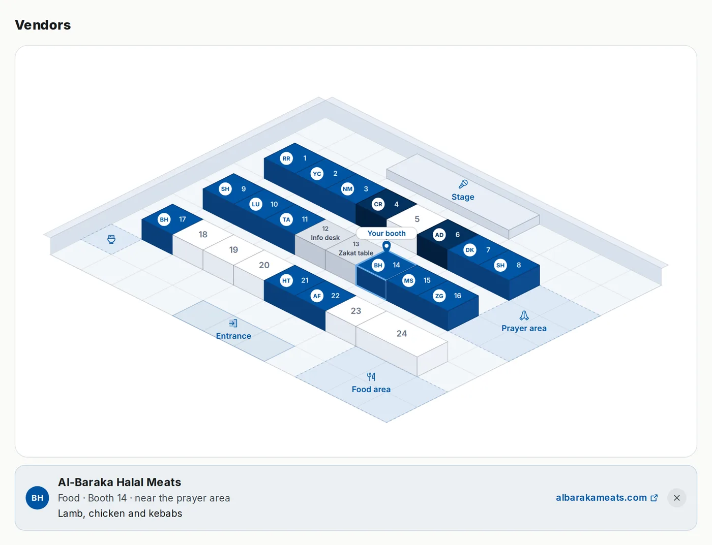 A vendor’s link on the Ummah web app: their booth pinned on the map with the booth card open
