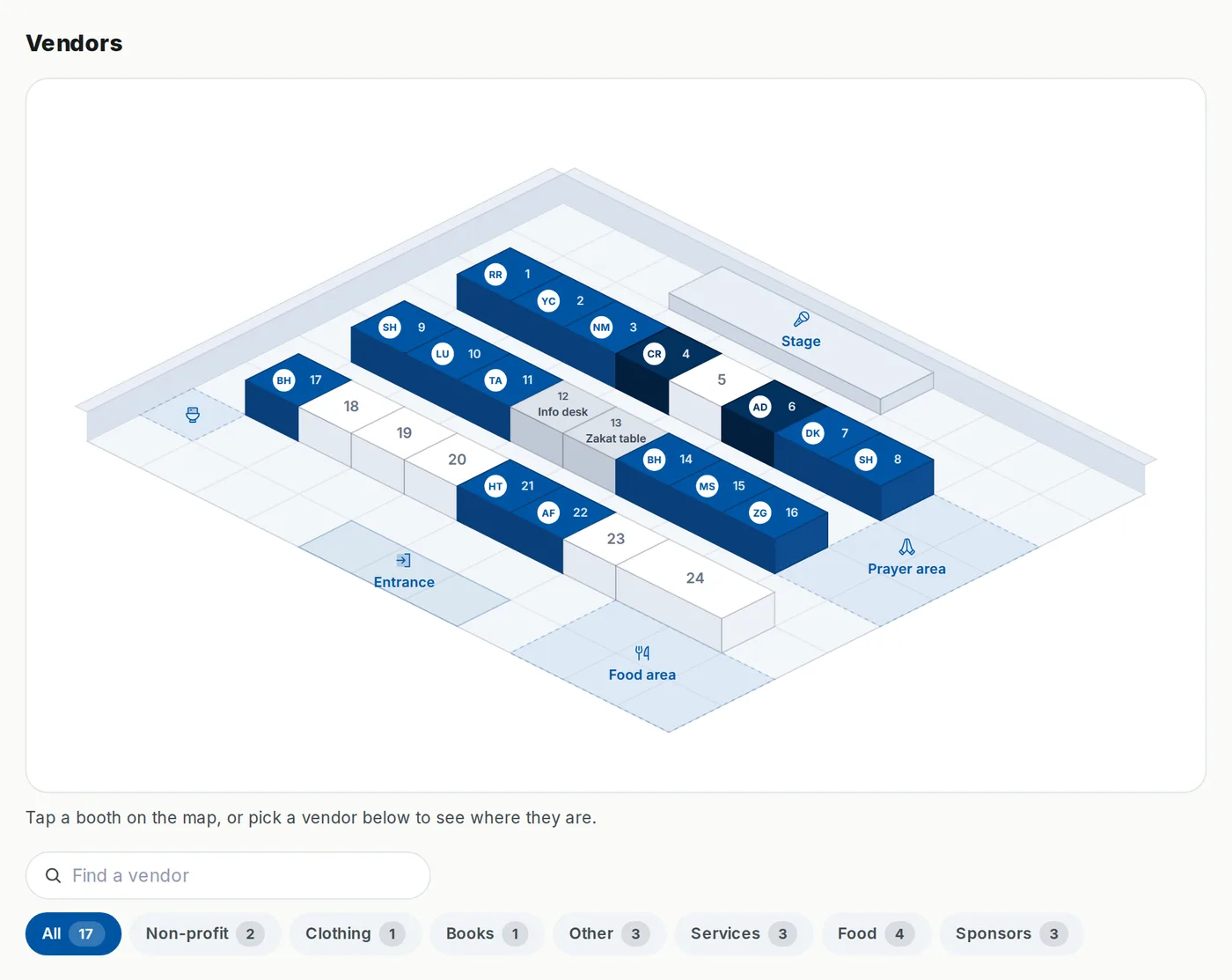An event page on the Ummah web app with the vendor map, search and category chips under the amenities
